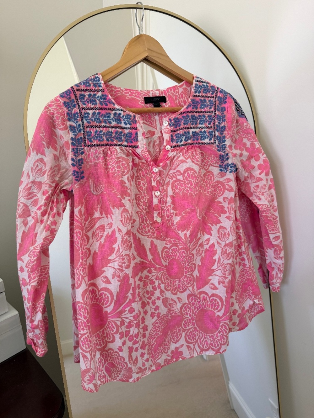 J. Crew Pink Floral Blue Embroidered Boho Popover Top, size 00